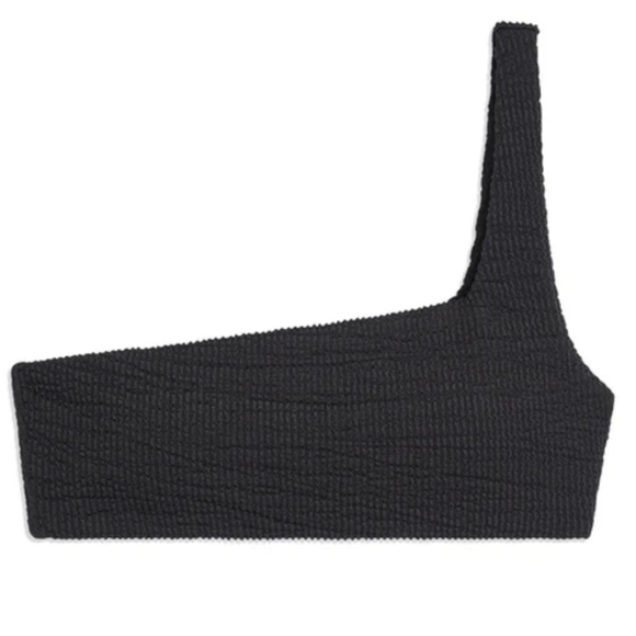 New WeWoreWhat One Shoulder Spongie Seersucker Black Swim Bikini Top Small NWT - Picture 4 of 9